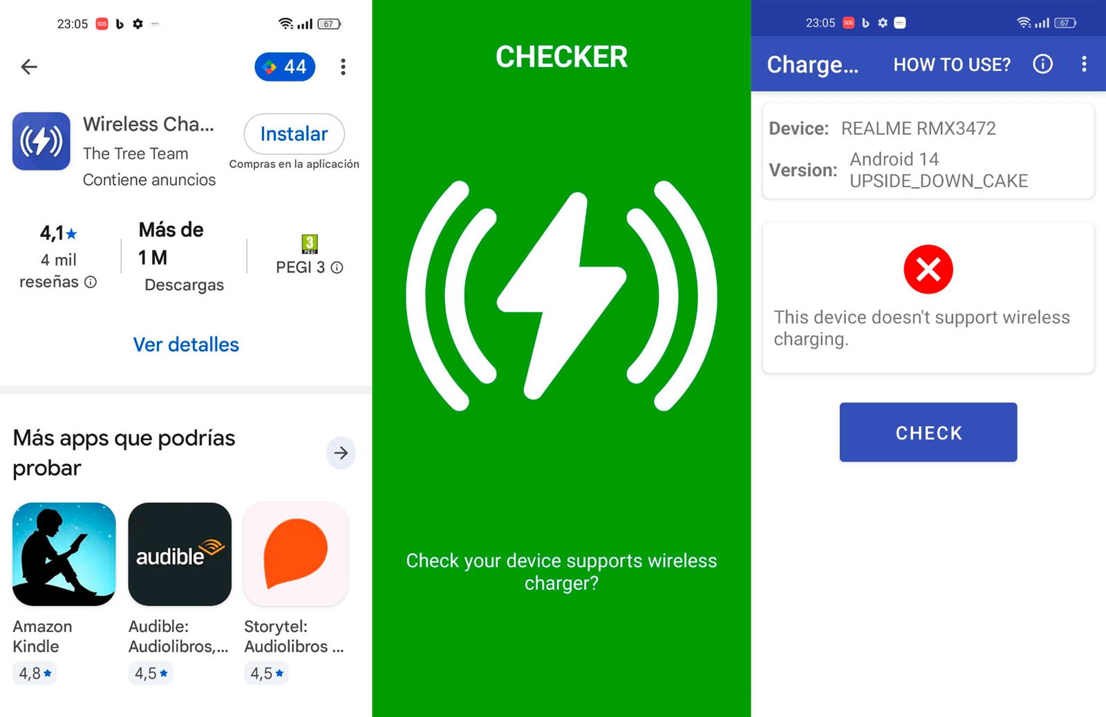 Pantallas de la aplicación Wireless Charging Checker