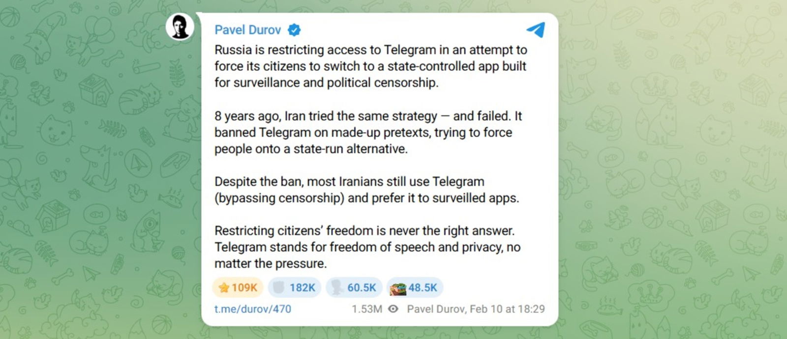 Rusia presiona y limita Telegram. Pavel Durov responde: "defendemos la libertad de expresión y la privacidad, sin importar la presión"