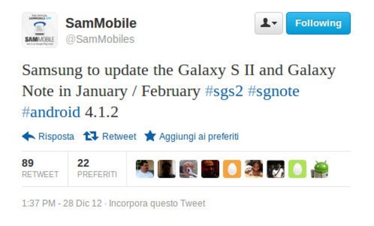 Twit de Sammobile afirmando que la actualización vendrá mas tarde