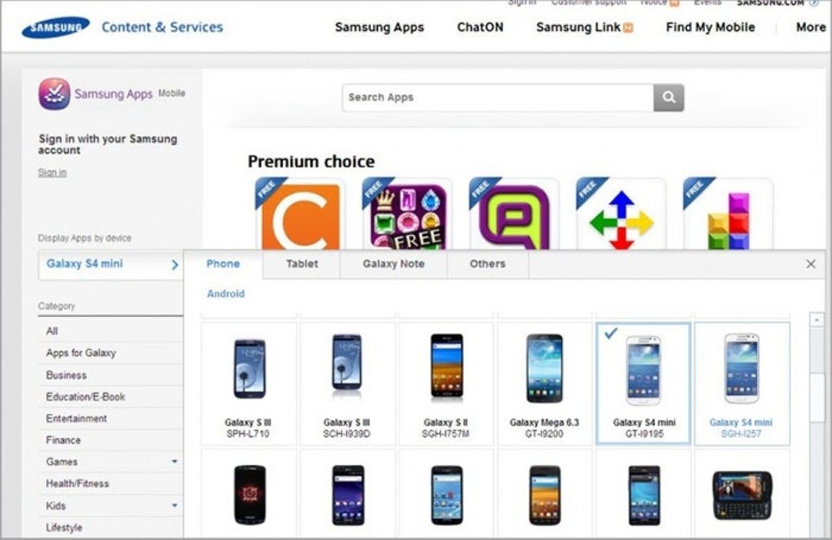 Captura de la web de Samsung con el Galaxy S4 Mini