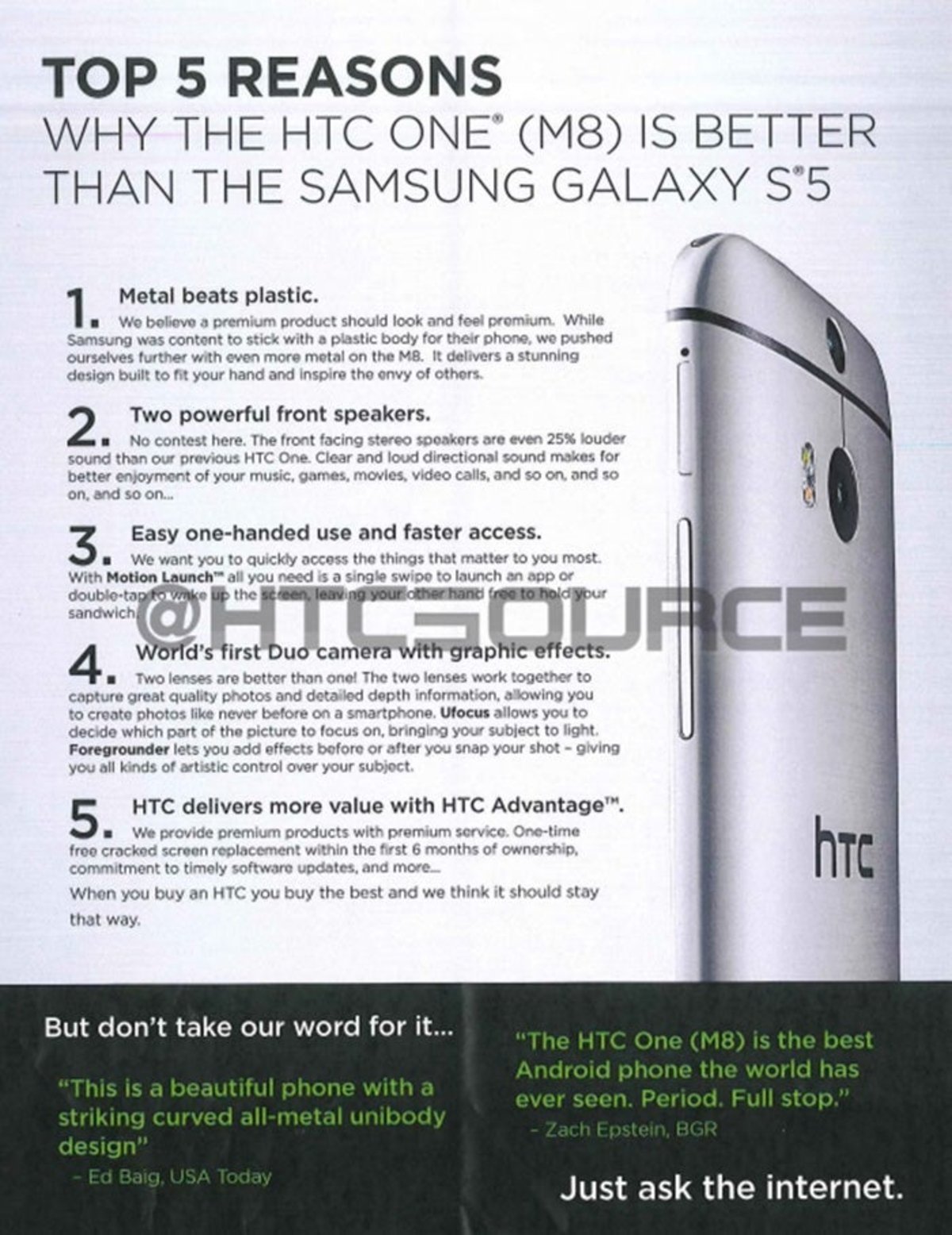 Motivos de HTC por los que su HTC One (M8) es mejor que el Samsung Galaxy S5