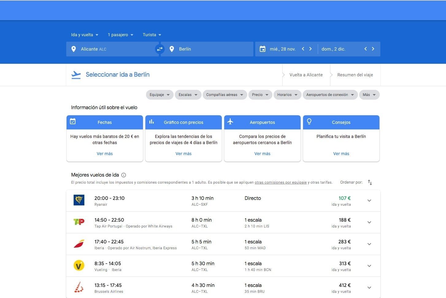 Tabla de precios en una búsqueda de Google Flights España