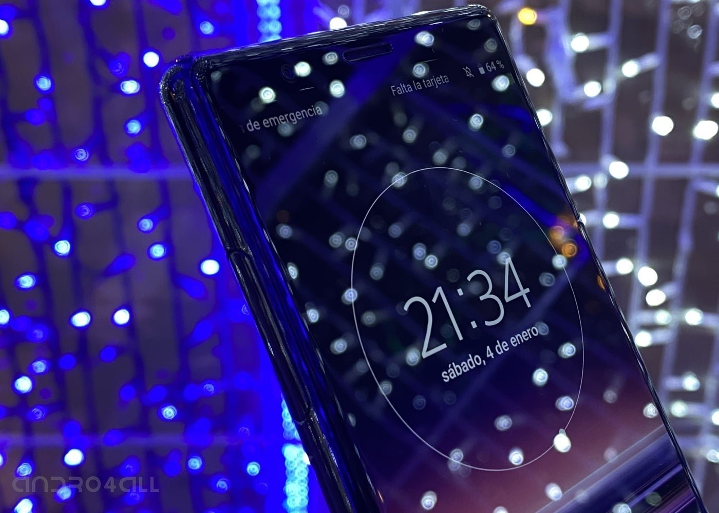 The Sony Xperia 5 screen surrounded by lights