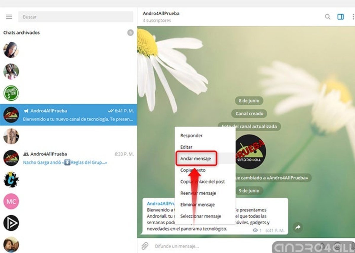 Opción anclar mensaje en el chat de canales de Telegram