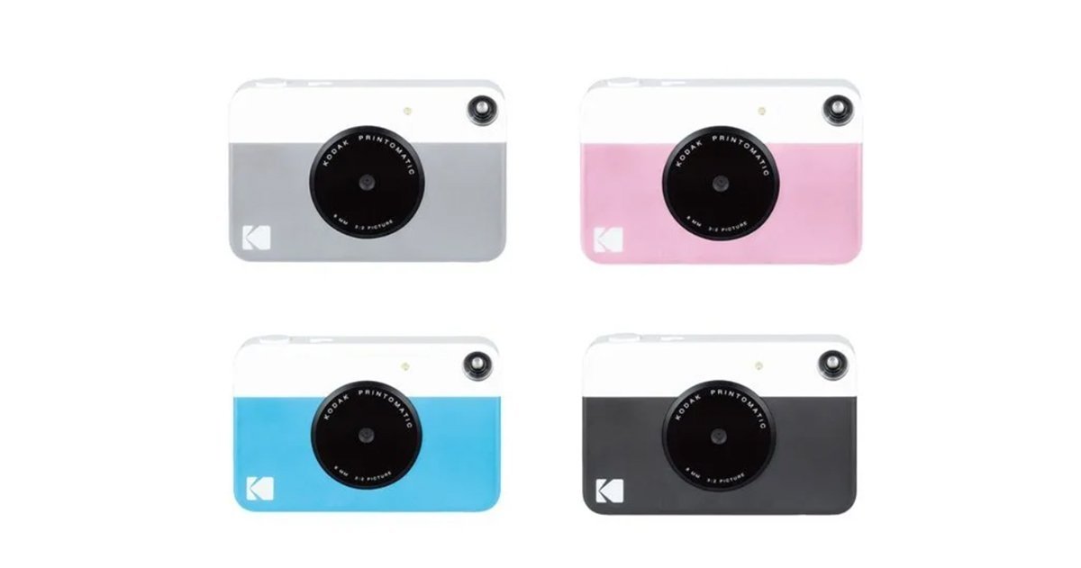 Cámara de fotos instantáneas de Kodak en colores gris, rosa, azul y negro