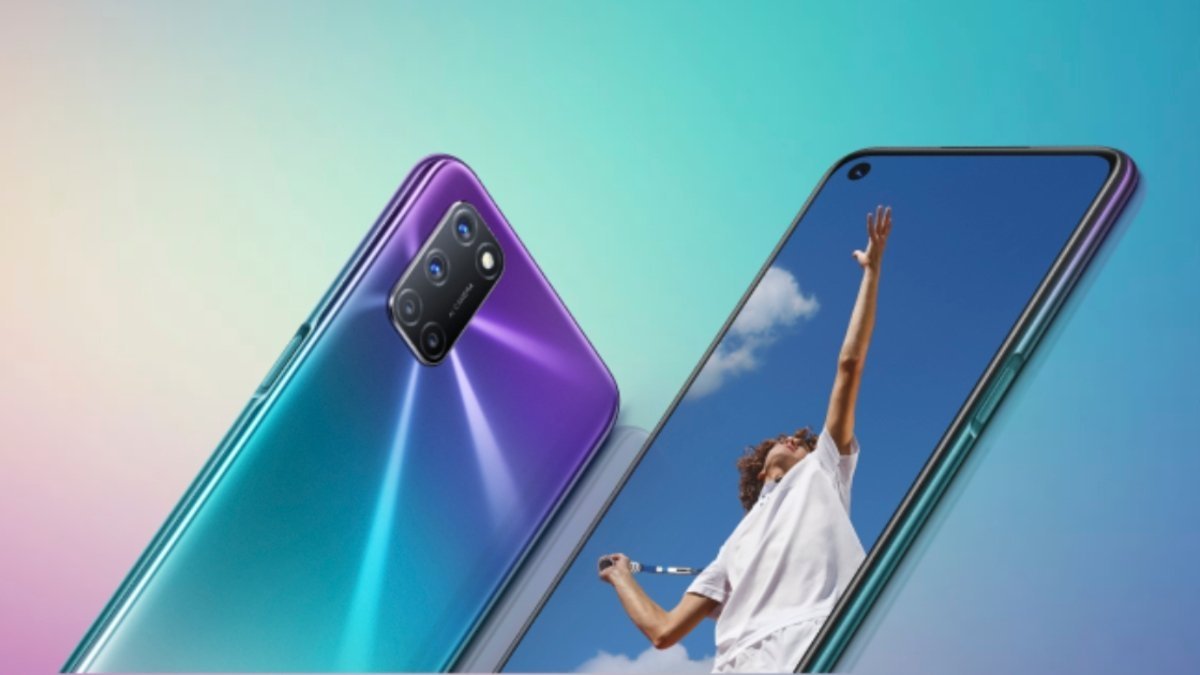 Colorful background and an OPPO A72 mobile diagonally in a blue with purple gradient color.