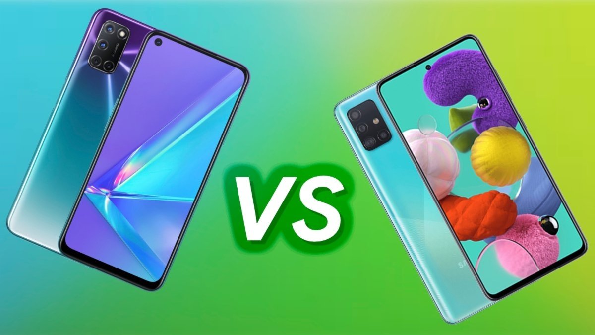 Blue and green background in which you can see an OPPO A72 mobile phone in blue with purple on the left and on the right a mobile in mint blue with a litmus effect.