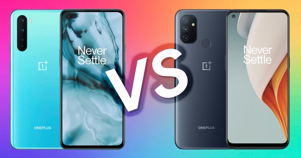 OnePlus N100 in mint blue and OnePlus Nord in dark gray
