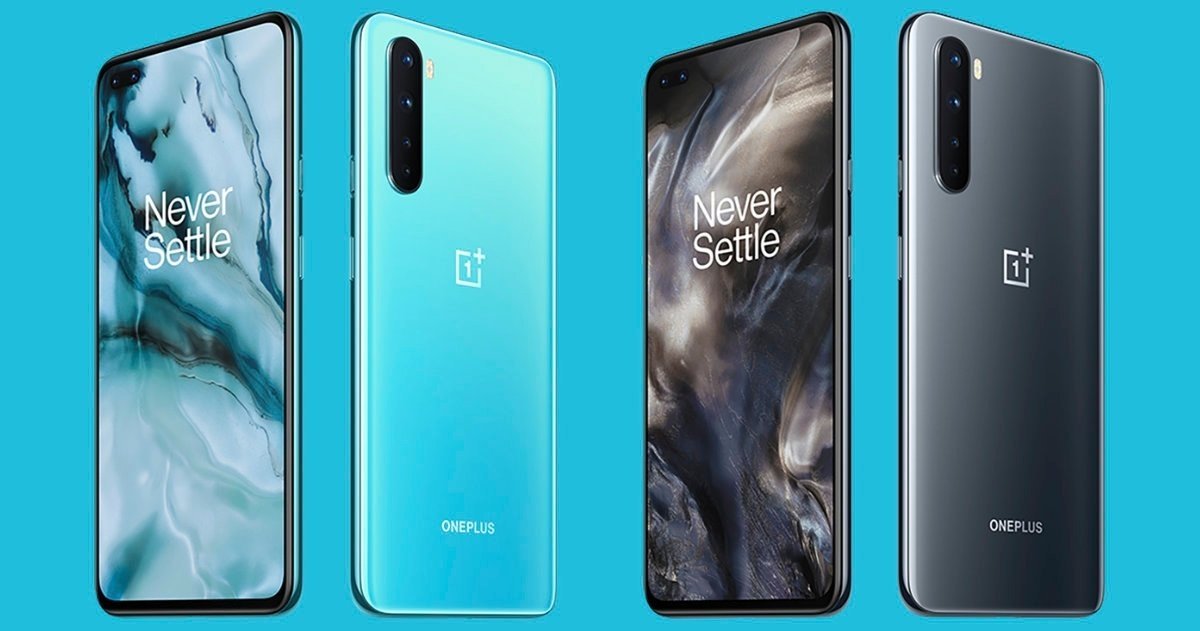 Two Nord phones from the OnePlus brand, one in gray and the other in blue.