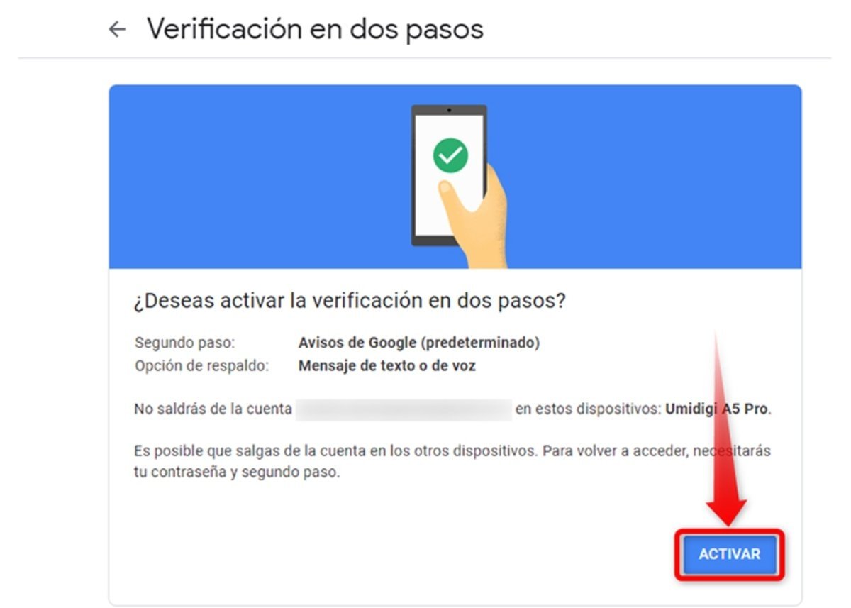 Así de da inicio a la verificación en dos pasos de la cuenta Gmail