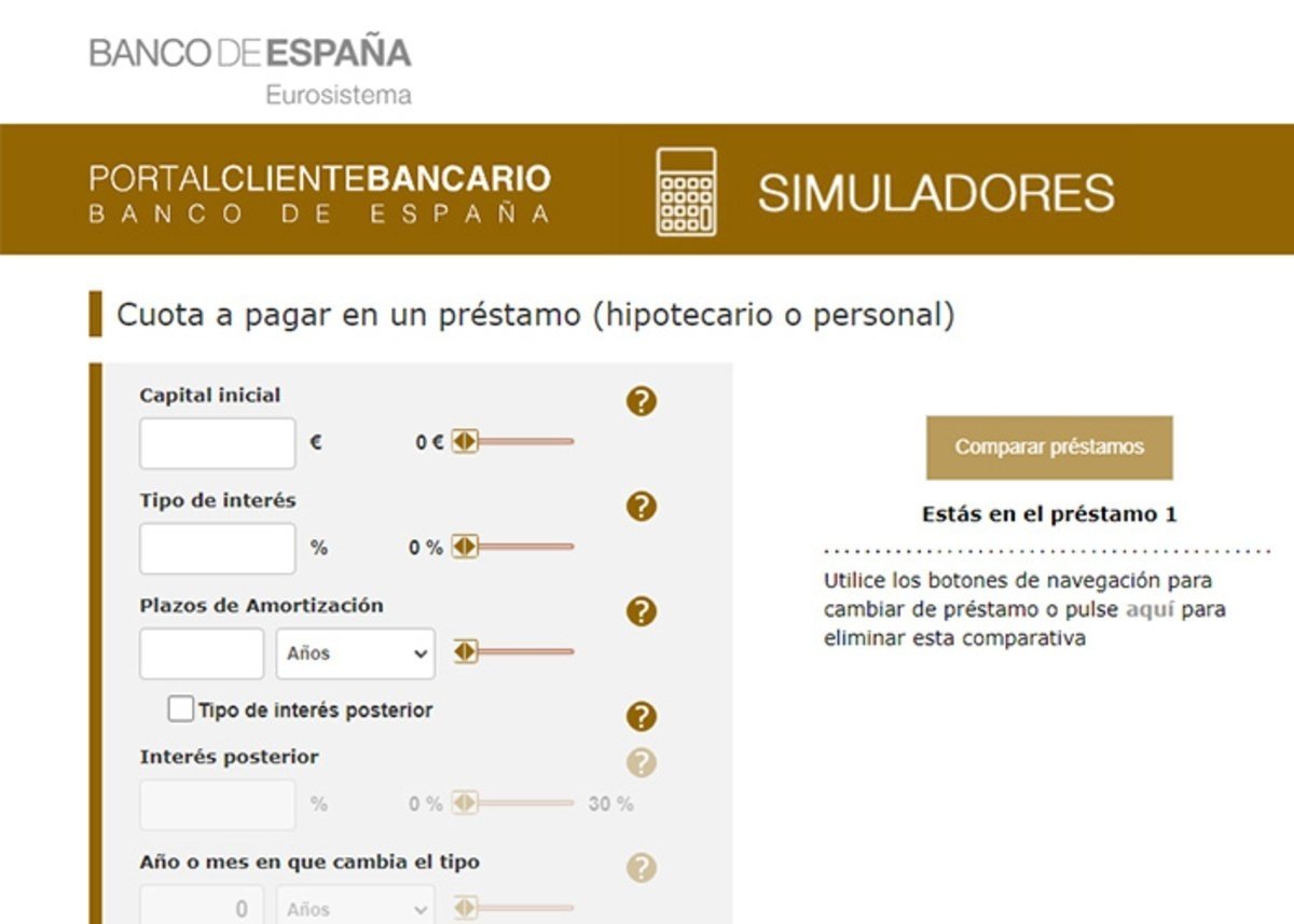 Calculadora del Banco de España: indexador de las cuotas a pagar del préstamo